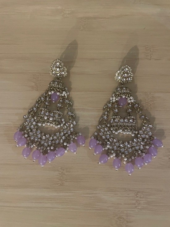 Jewelry - Golden Floral purple & pearl Chandbali Earrings